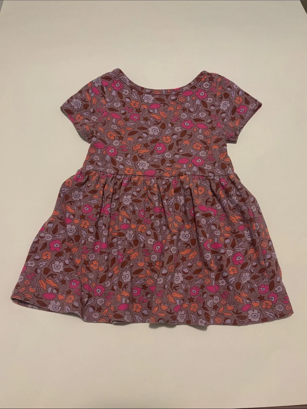 Purple Floral Short-Sleeve Cotton Dress w/Pink, Orange & Brown Accents